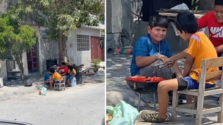 bambini costruiscono un barbecue per strada