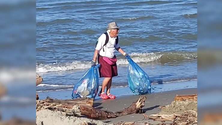 anziano dedito alla pulizia delle spiagge