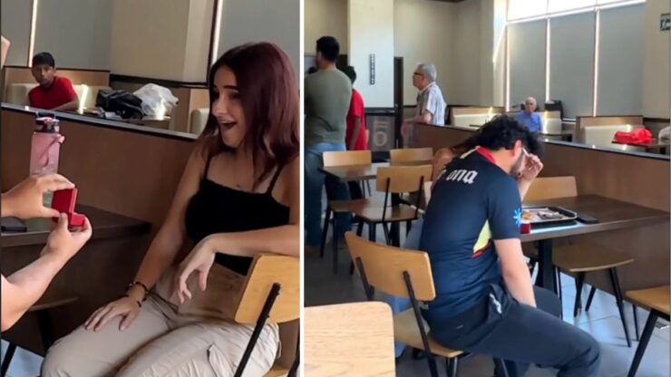 Un giovane fa la proposta di matrimonio alla ragazza in un fast food